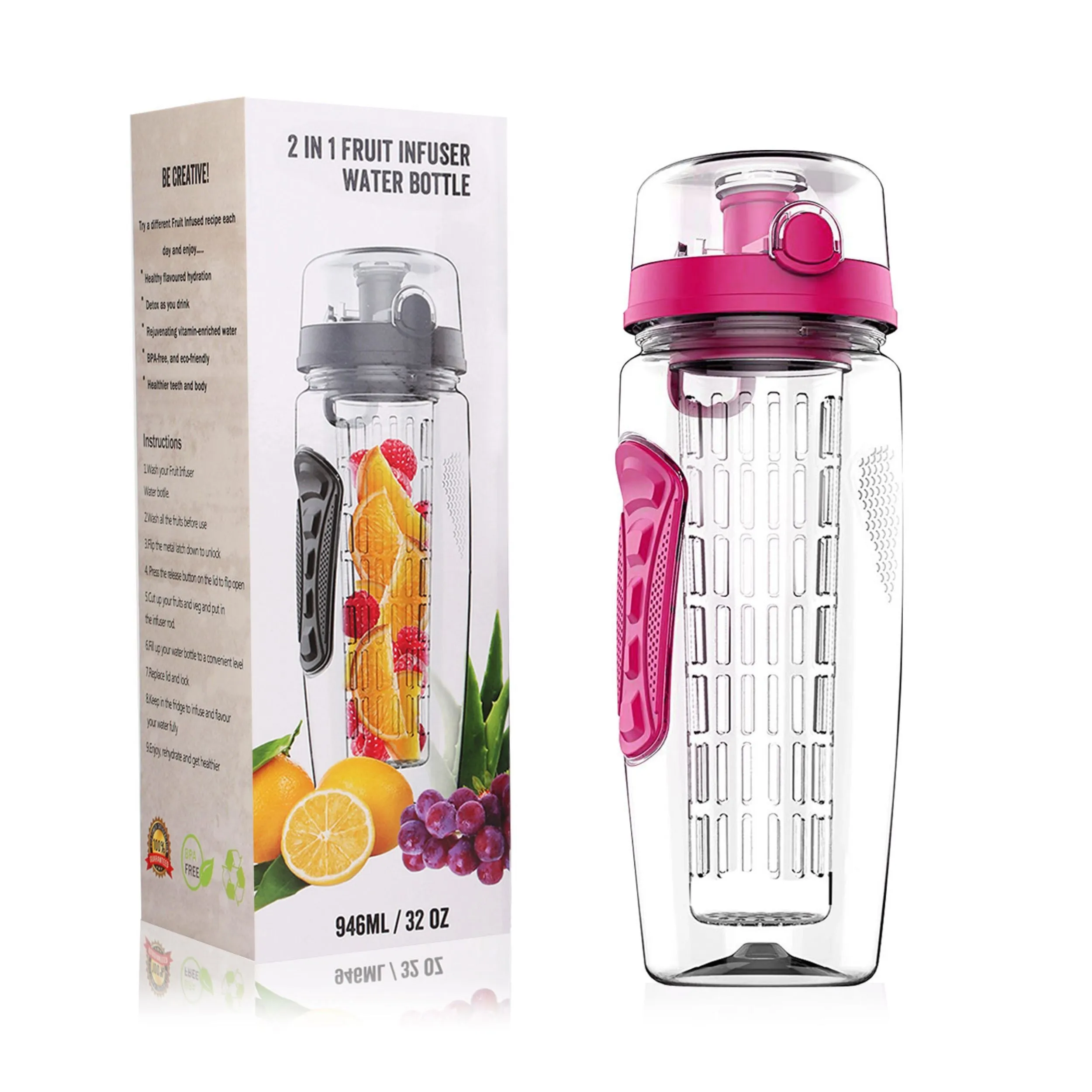 32oz Fruit Infuser Water Bottle with Flip Top Lid - Perfect for Office, Home, Sport, Running, Walking, Hiking