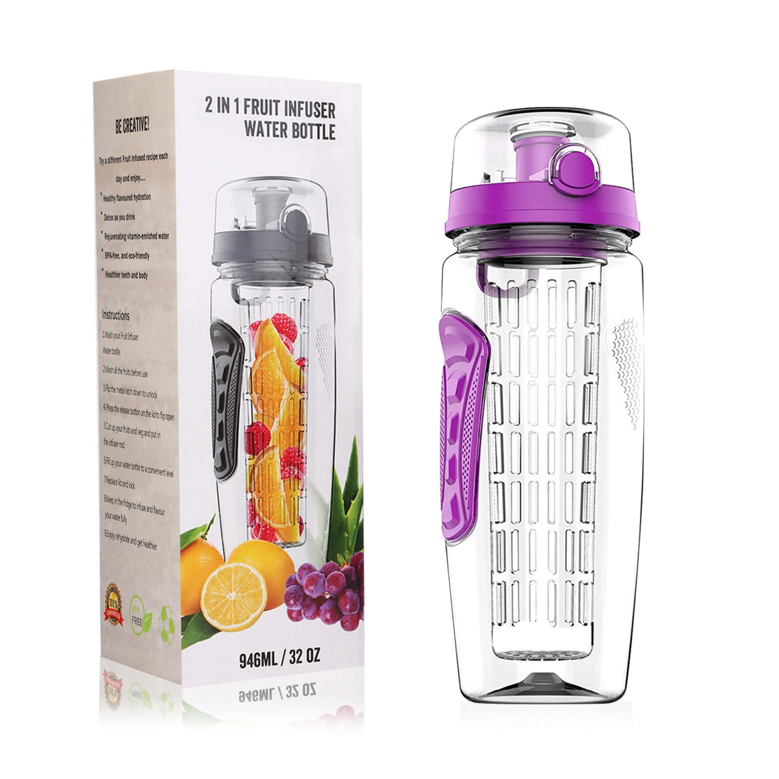 32oz Fruit Infuser Water Bottle with Flip Top Lid - Perfect for Office, Home, Sport, Running, Walking, Hiking