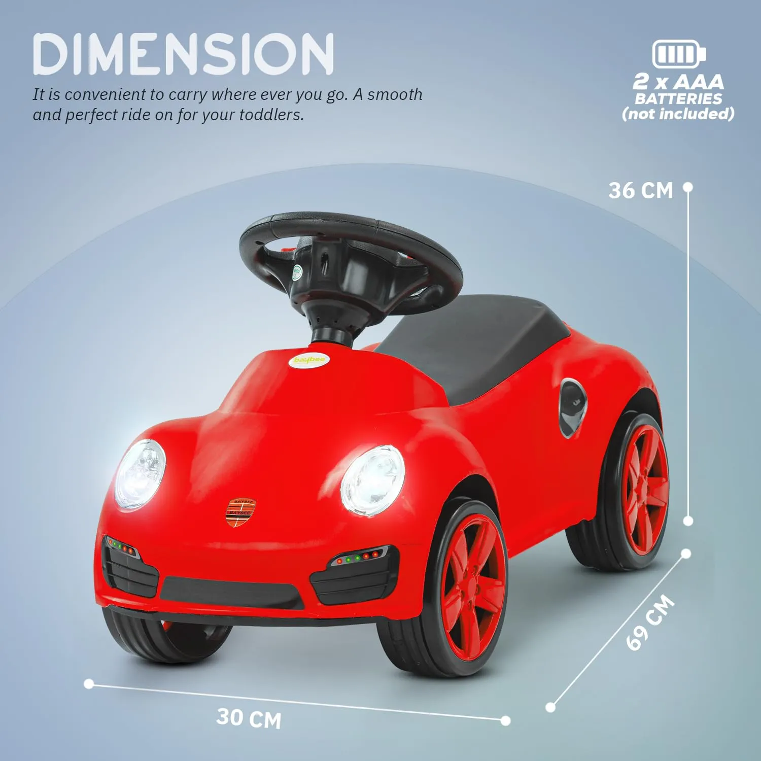 Baybee Bolt Push Ride on Car for Kids, Baby Rideons Car with Music, Light & Comfort Seat | Push Baby Cars Toys for Kids Toddlers | Kids Car Ride on for Kids to Drive 1 to 3 Years Boys Girls (Red)
