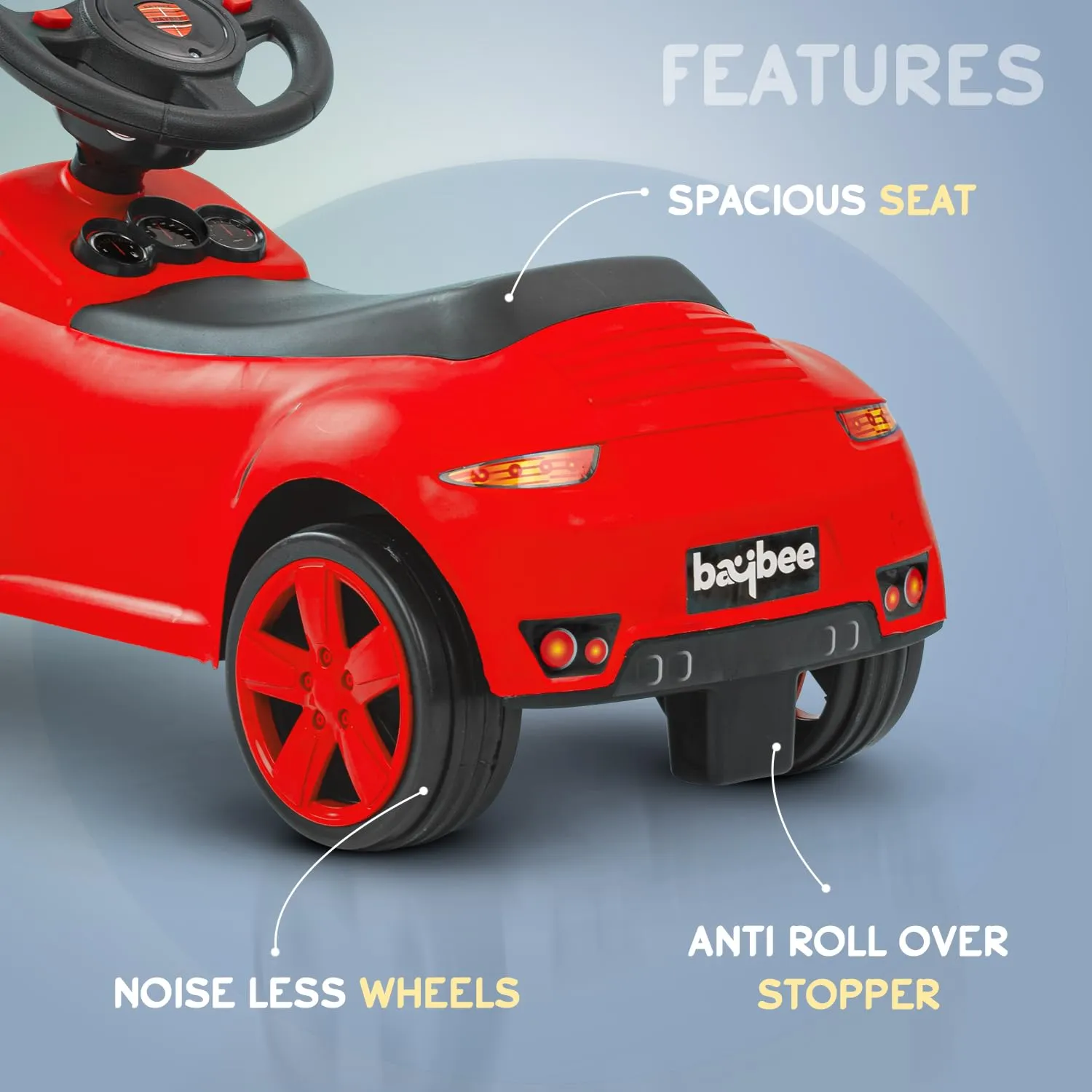 Baybee Bolt Push Ride on Car for Kids, Baby Rideons Car with Music, Light & Comfort Seat | Push Baby Cars Toys for Kids Toddlers | Kids Car Ride on for Kids to Drive 1 to 3 Years Boys Girls (Red)
