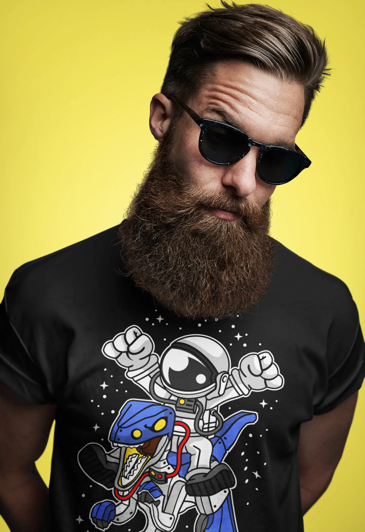 Men's Cartoon Astronaut riding a robot dinosaur Tee