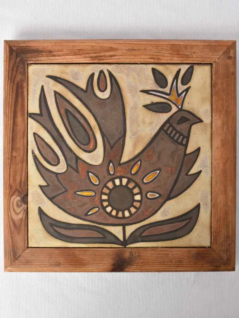 Vintage trivet wood with rooster tile - Vallauris